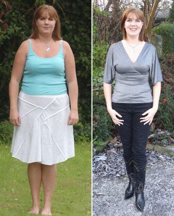 Wanita sebelum dan selepas menurunkan berat badan pada diet kefir
